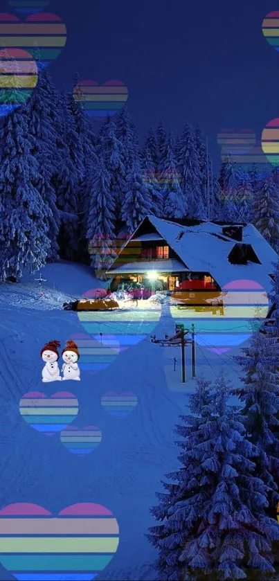 Snowy cabin under a midnight blue sky.