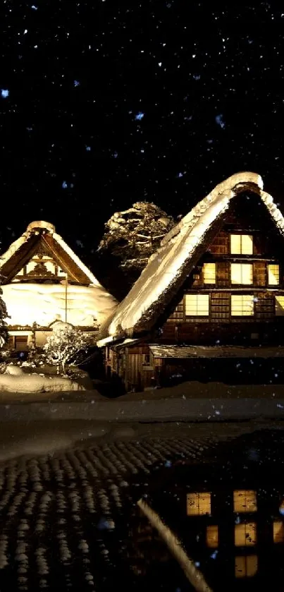 Snow-covered cabins under a starry sky at night.