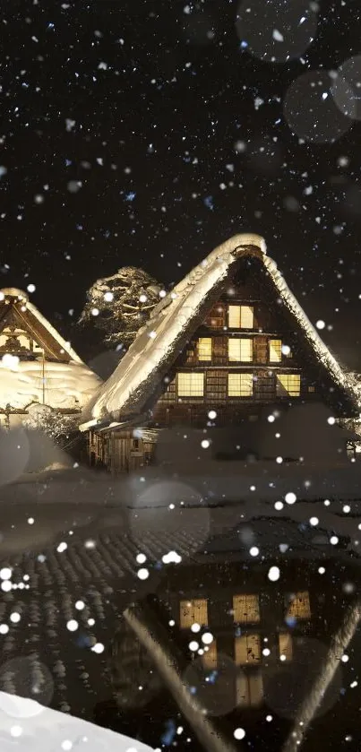 Snow-covered cabins under a starlit winter sky with gentle snowfall and reflections.