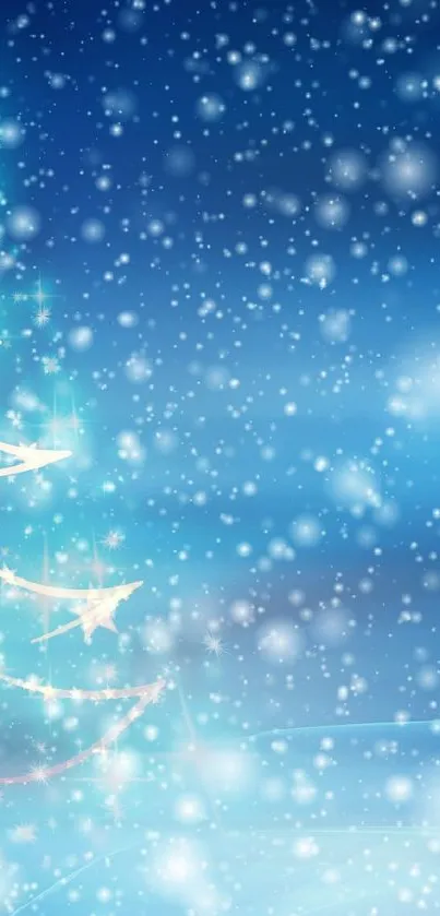 Sparkling Christmas tree with snowy blue background wallpaper.