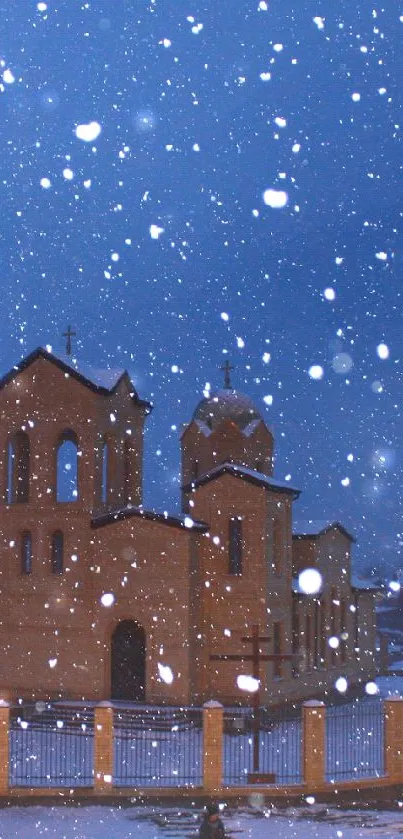 Snowy night church scene with winter ambiance.