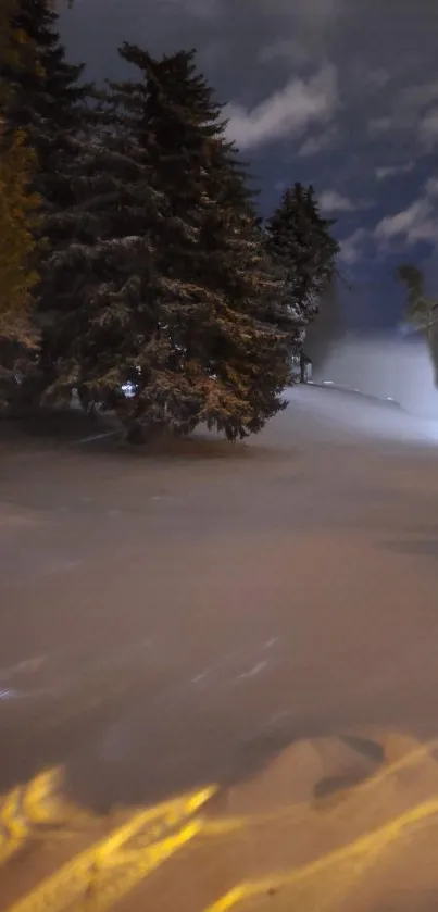 Snowy landscape at night with moonlight illuminating trees.