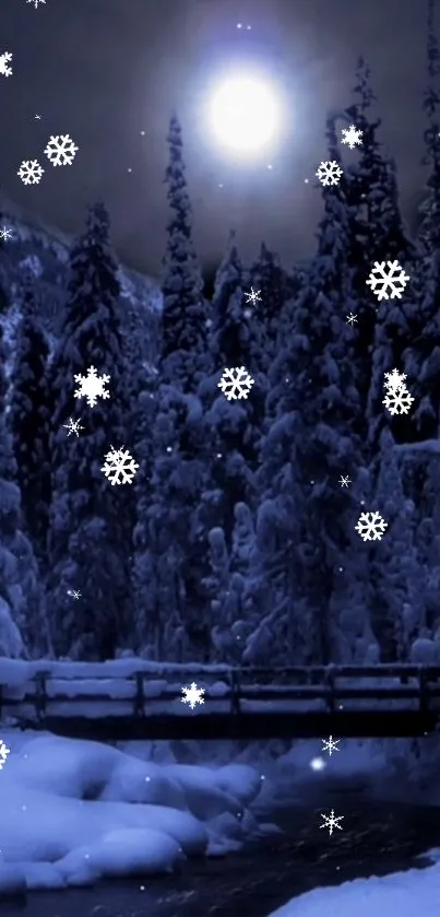 Snowy forest at night with snowflakes under a full moon.