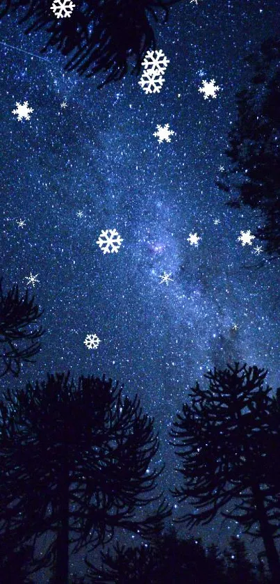 Night sky wallpaper with stars and snowflakes above a forest.