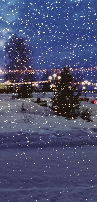 Serene snowy night skyline with twinkling lights and a wintery ambiance.