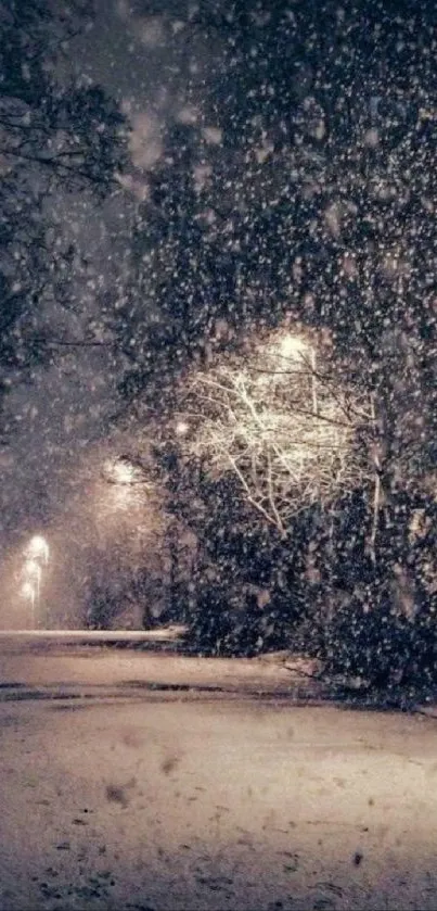 Snow-covered street with streetlights on a dark winter night.