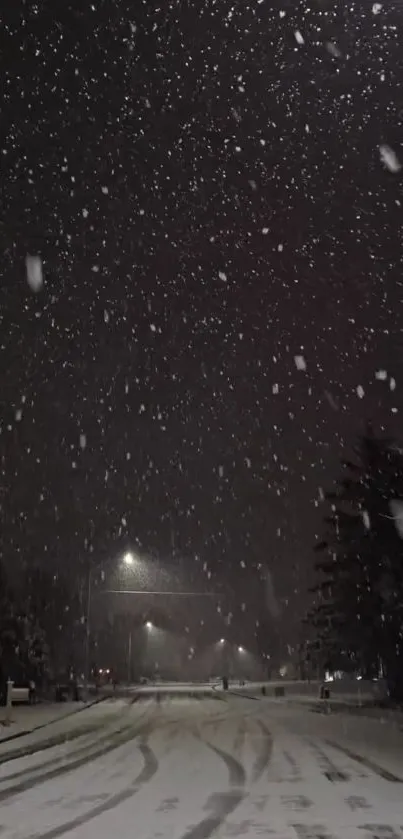 Snowy street at night illuminated by streetlights.