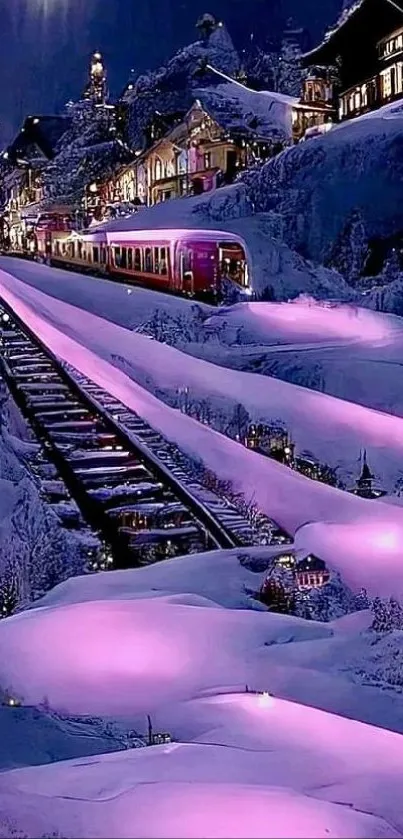 Snowy train journey at night with violet lights and moon.