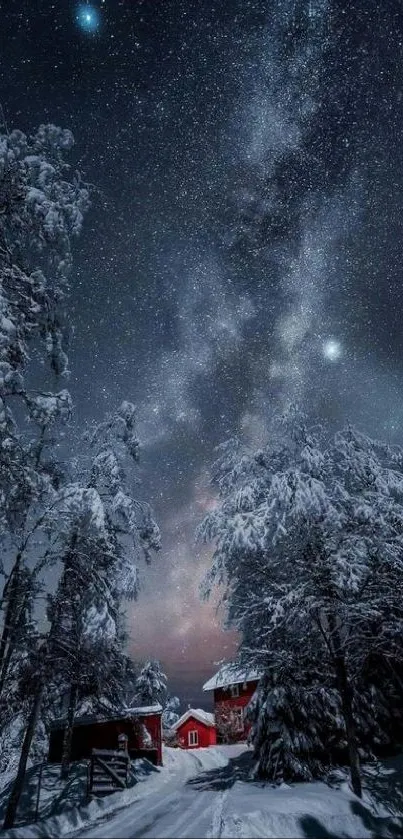 Starry night with snowy trees and cozy red cabin.