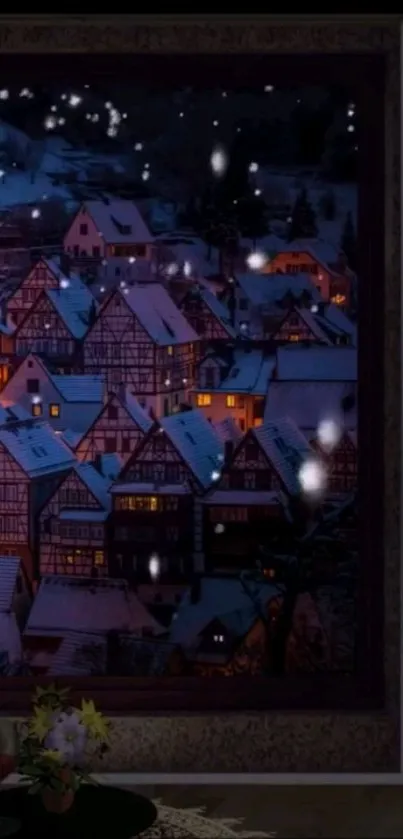 Snowy village at night with cozy glowing lights creating a serene atmosphere.