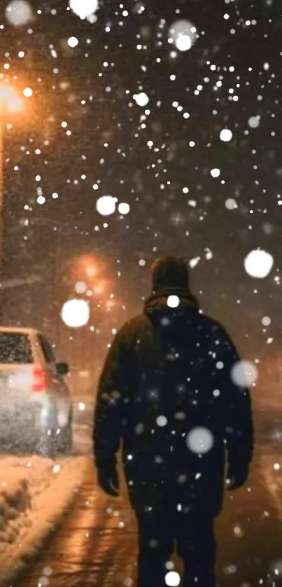 Snowy street at night with lone figure walking and streetlights glowing.