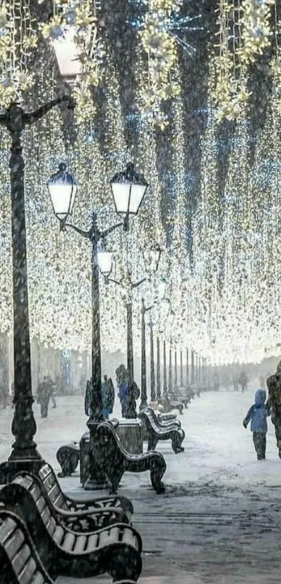 Winter night street with glowing lights and falling snow.