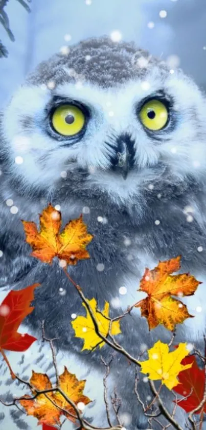 Snowy owl with yellow eyes among autumn leaves and falling snow.