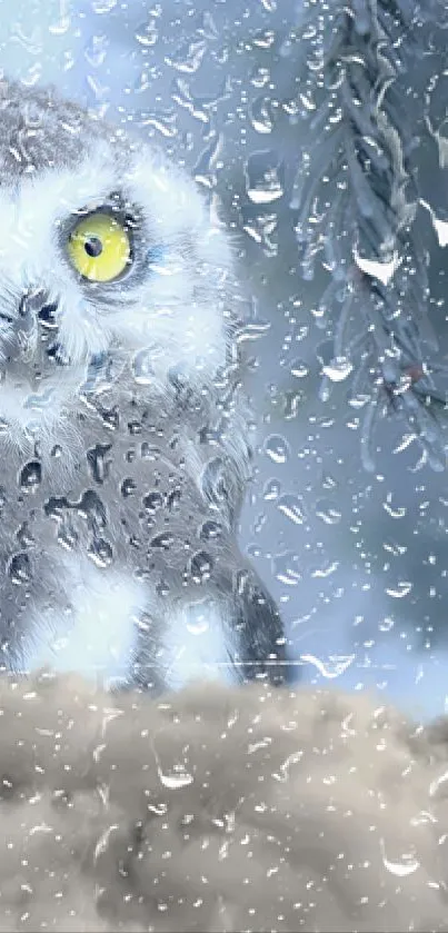 Snowy owl perched in winter rain, with bright yellow eyes.