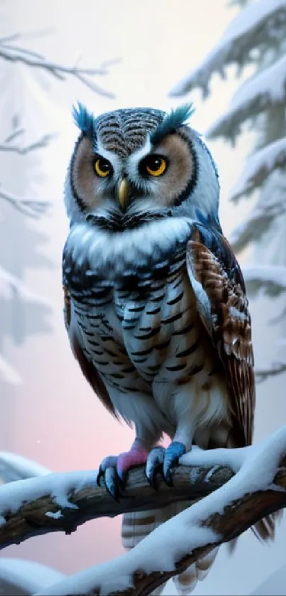 Snowy owl on a snowy branch in winter forest.