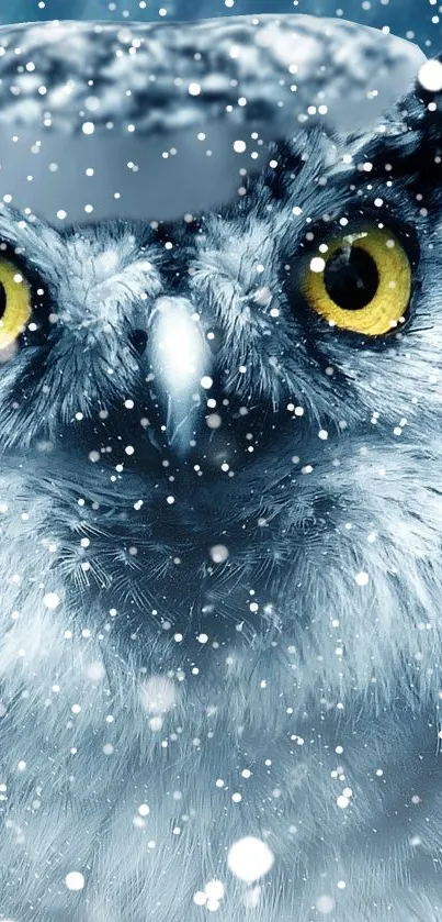 Majestic snowy owl with yellow eyes in a snowy landscape mobile wallpaper.