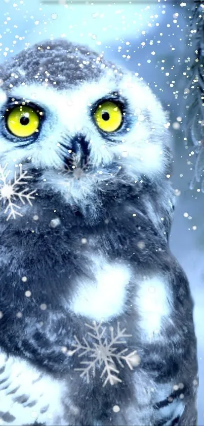 Close-up of snowy owl in a winter forest setting with icy branches.