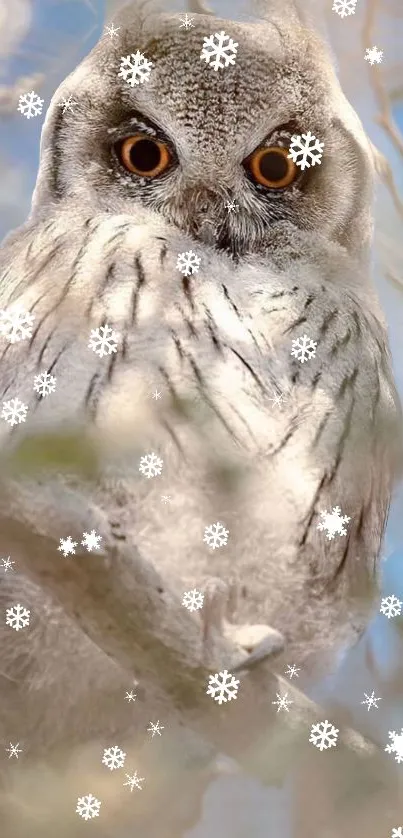 Snowy owl amidst falling snowflakes in a wintery scene.