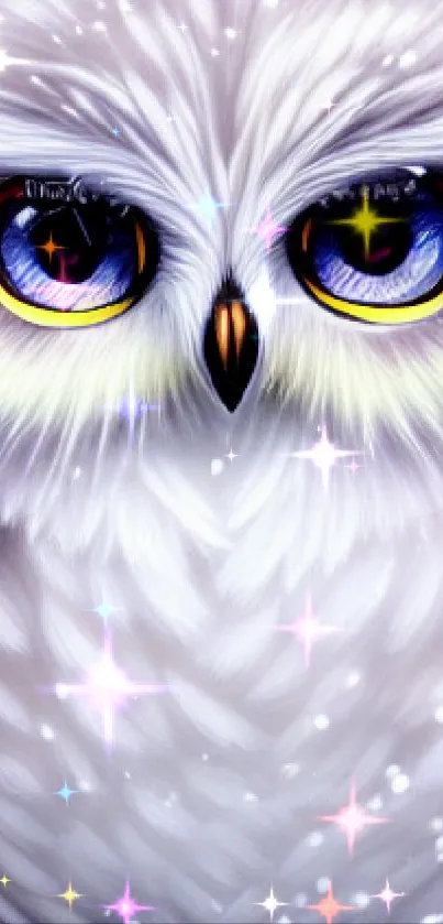 Adorable snowy owl perched in a snowy, winter forest setting as mobile wallpaper.