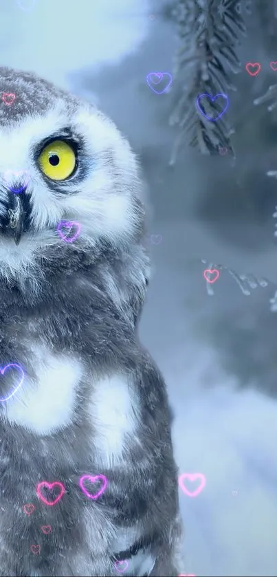 A snowy owl with heart-shaped overlays in a wintery forest.