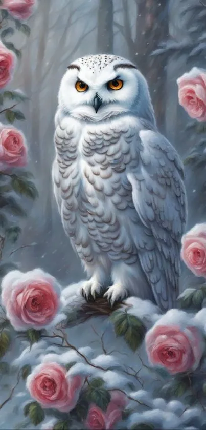 Snowy owl sits among pink roses in a snowy, serene landscape.