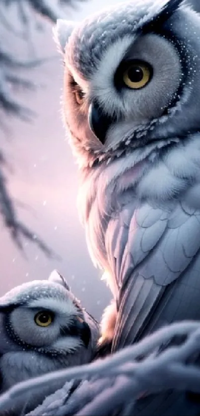 Snowy owls perched on frosty branches.