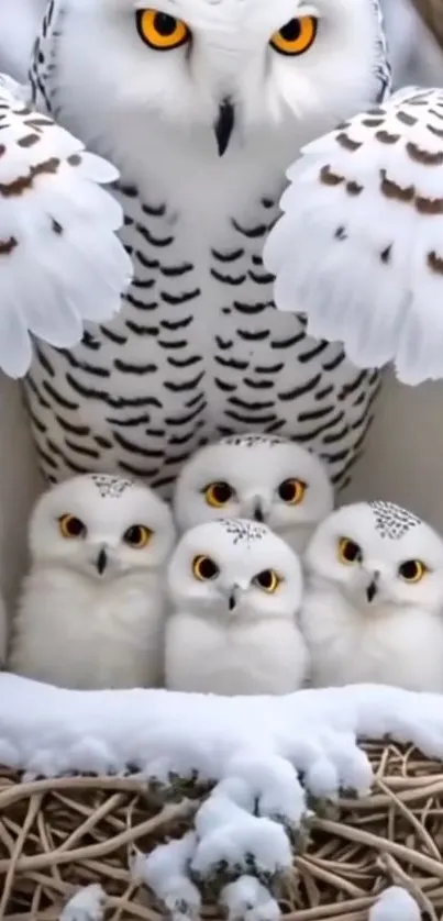 Protective snowy owl with nestlings in the snow.