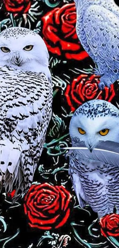 Snowy owls and red roses artistic wallpaper.