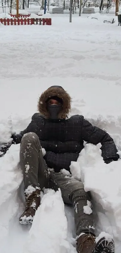 Person relaxing in snowy park, winter wallpaper.