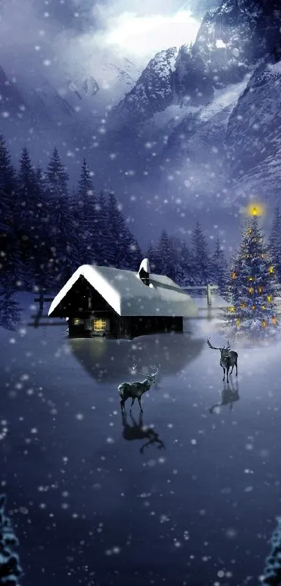 Snowy cabin, Christmas tree, and deer in a winter landscape wallpaper.