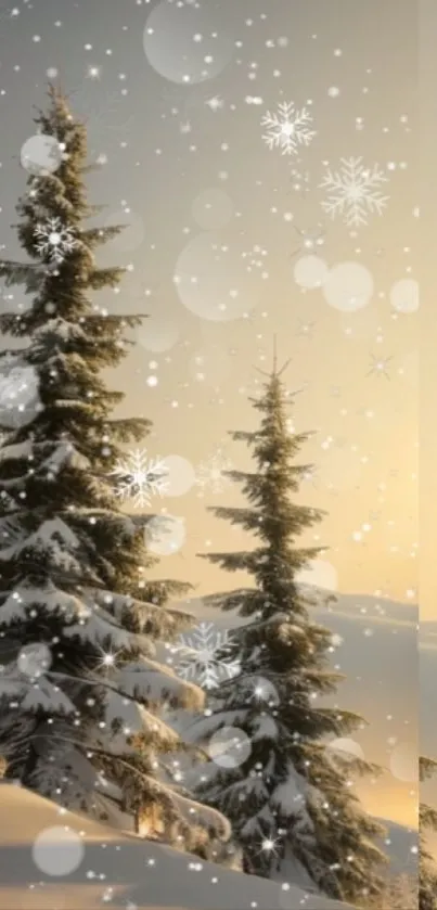 Snowy pine forest with golden sky and snowflakes, creating a serene winter scene.