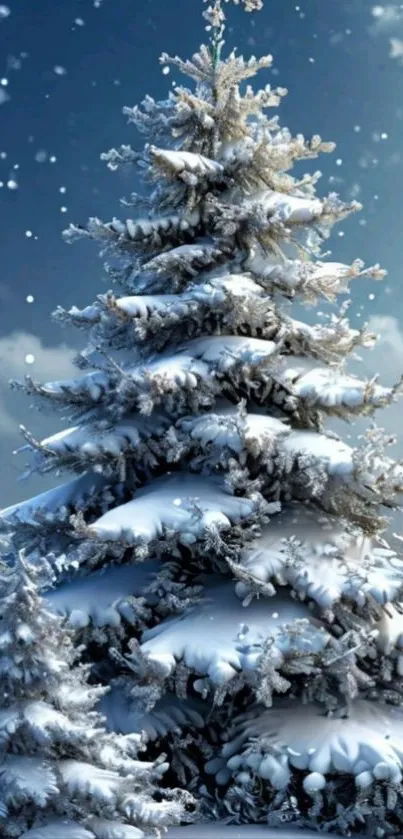 Snowy pine tree with falling snowflakes in winter landscape.