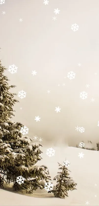 Snowy pine tree with falling snowflakes wallpaper.