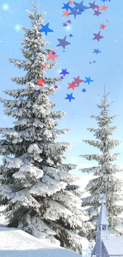 Snow-covered pine trees under a bright blue sky.