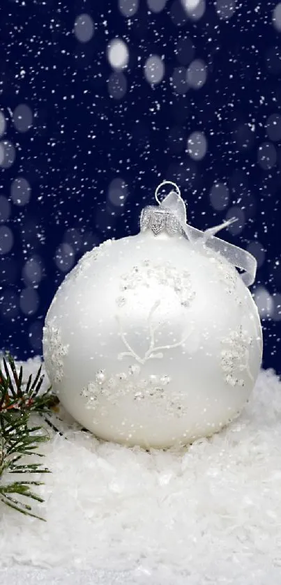 Snowy scene with pinecones and a silver ornament in winter.