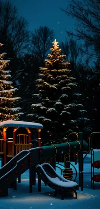 A peaceful snowy playground at night with lit trees.