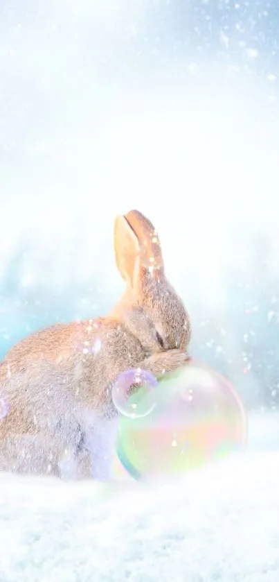 A cute rabbit with bubbles in a snowy landscape, perfect for a mobile wallpaper.