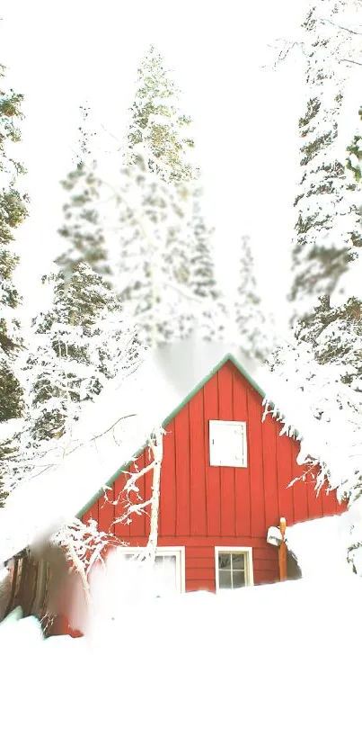 Red cabin surrounded by snowy forest landscape.