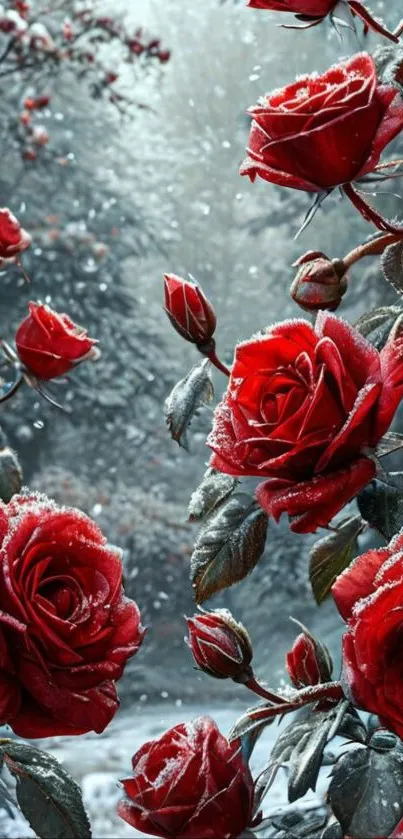 Vibrant red roses dusted with snow in a serene winter garden.