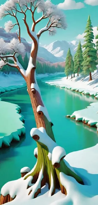 Snow-covered river with scenic trees and mountains in the background.