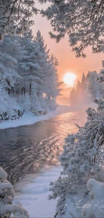 Snowy river landscape with a vibrant sunrise