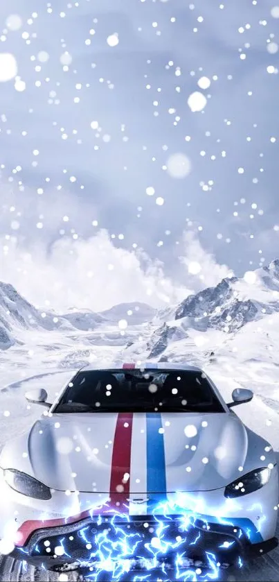 Sports car on snowy road with blue skies.