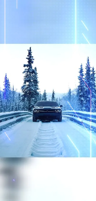 Sleek car on snowy forest road with blue tones.