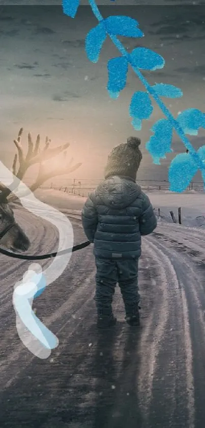 Child and reindeer on snowy road at dusk, with blue branch overlay.