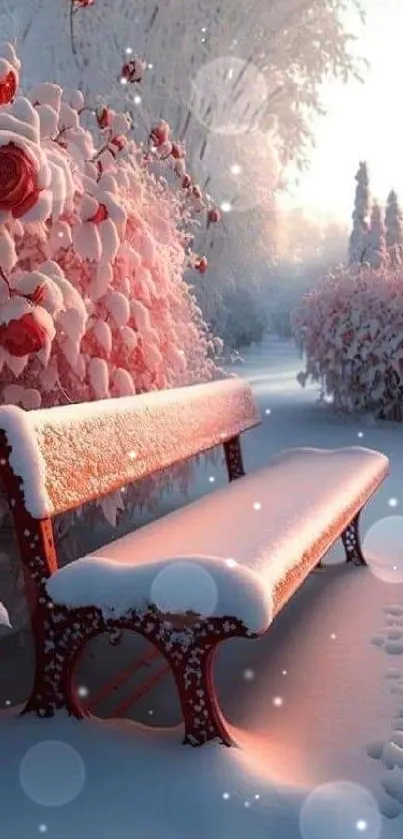 Serene winter scene with snow-covered roses and a bench.