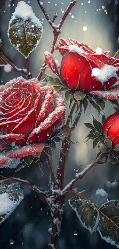 Red roses covered in snow with dark background.