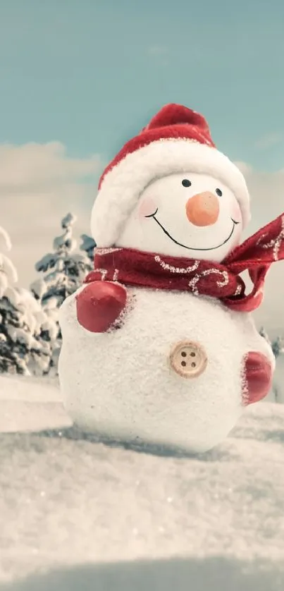 Cute snowman in a snowy winter landscape.