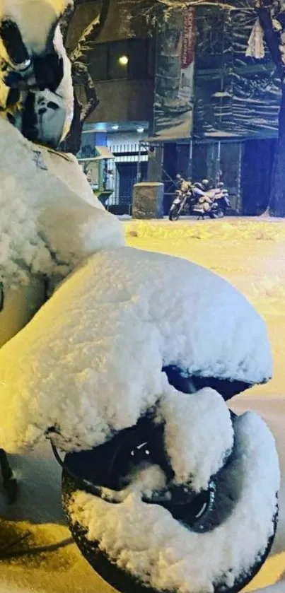 Snowy scooter parked on a winter night.