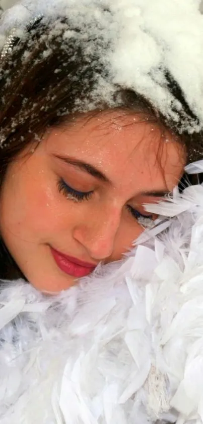 Woman in snowy feathers, serene and peaceful.