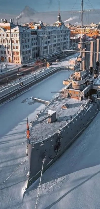 Snow-covered ship by elegant winter cityscape.